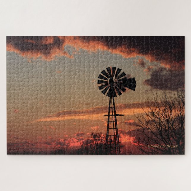 Kansas Windmill Silhouette Sunset PUZZLE (Horizontal)