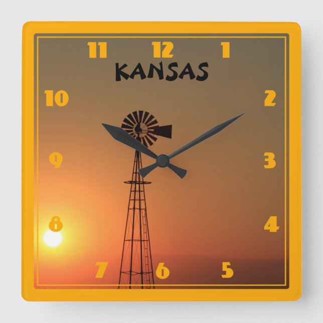 Kansas Windmill Silhouette Sunset Quadratische Wanduhr (Vorderseite)