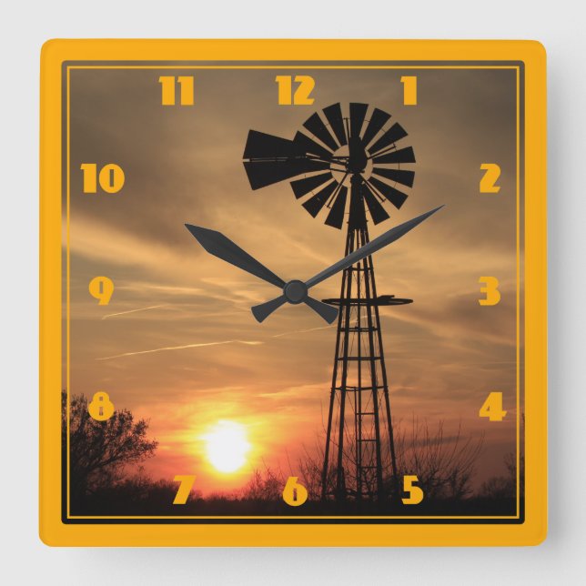 Kansas Windmill Silhouette Sunset Quadratische Wanduhr (Vorderseite)