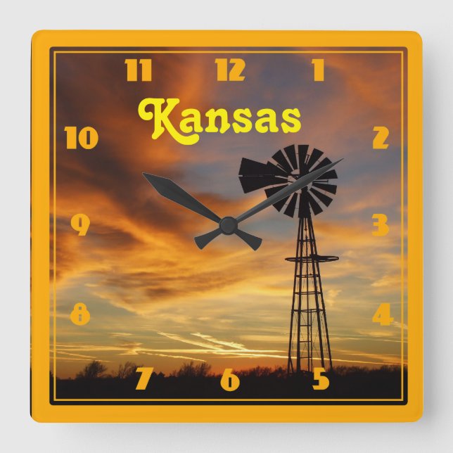 Kansas Windmill Silhouette Sunset Quadratische Wanduhr (Vorderseite)
