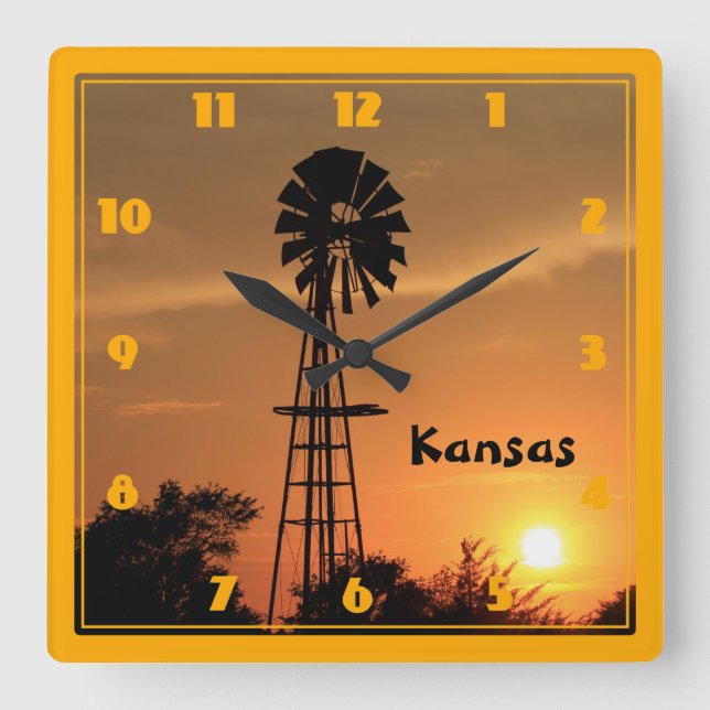 Kansas Windmill Silhouette Sunset Quadratische Wanduhr (Vorderseite)