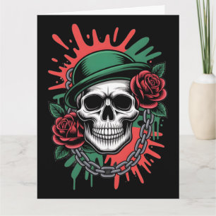 Kantige Grafik: Totenkopf mit Bowlerhut und Rosen Karte
