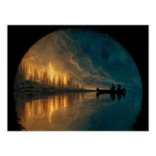 Kanu und Halbmond auf einem See Poster
