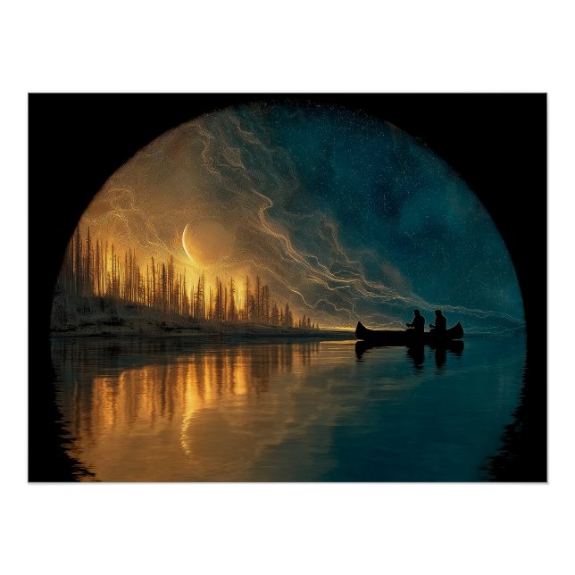 Kanu und Halbmond auf einem See Poster (Vorderseite)