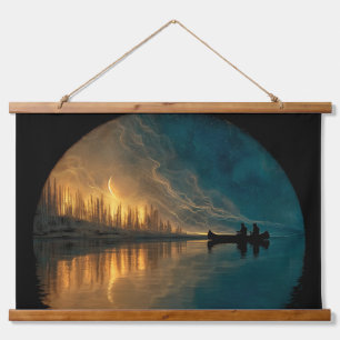 Kanu und Halbmond auf einem See Wandteppich Mit Holzrahmen