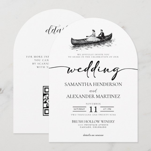 Kanupärchen mit QR-Code-Hochzeit Einladung (Vorne/Hinten)