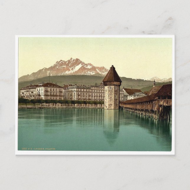 Kapellbrücke und Aussicht auf Pilatus, Luzern, Sch Postkarte (Vorderseite)