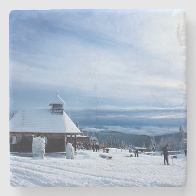 Kapelle im Alpenschnee Steinuntersetzer (Vorderseite)