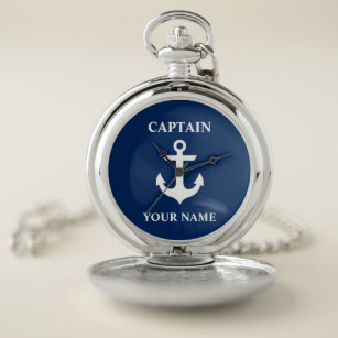 Kapitän Ihr Name Nautical Anchor Navy Blue Taschenuhr