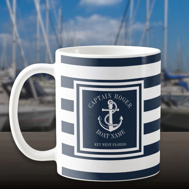 Kapitän und Bootsname Marine Blue Strip Anker Kaffeetasse (Captain And Boat Name Navy Blue Stripe Anchor Coffee Mug)