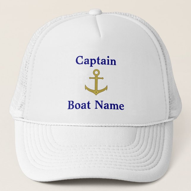 Kapitän und Schiffsname Navy Blue Text Gold Anker Truckerkappe (Vorderseite)