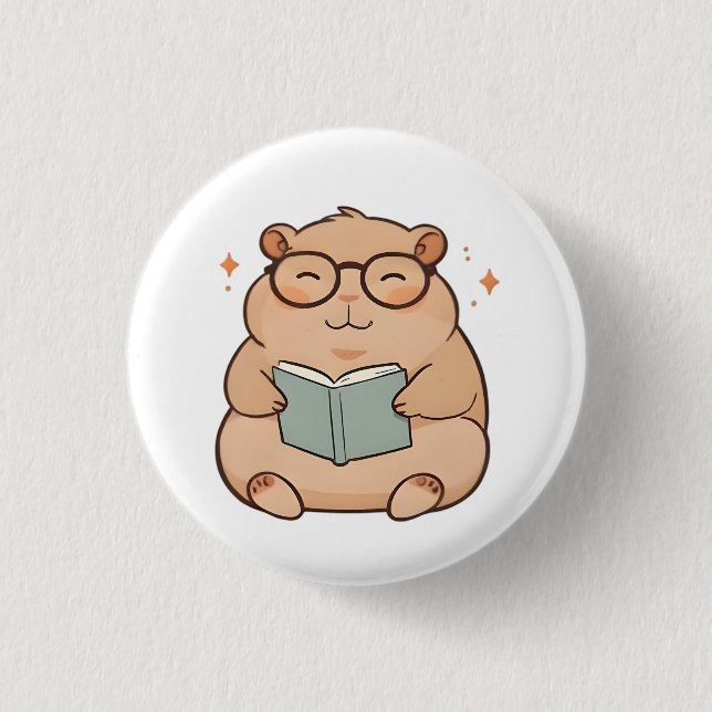 Kapybara mit Brille Kawaii Design beim Lesen Button (Vorderseite)