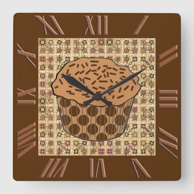Karamell-mattierter kleiner Kuchen mit besprüht Quadratische Wanduhr (Vorderseite)