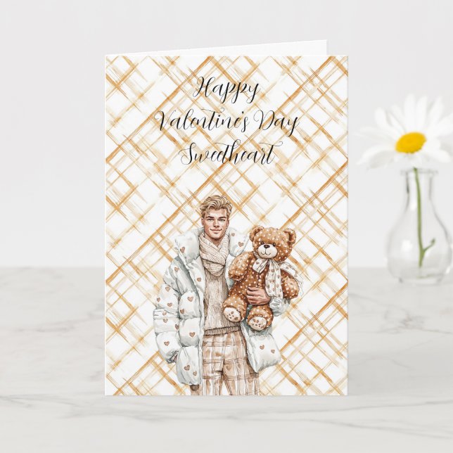 Karamell-Valentinstag-Mann-Teddybär Karte (Kleine Pflanze)