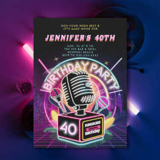Karaoke 90s Neon Glow Millennial 40. Geburtstag Einladung
