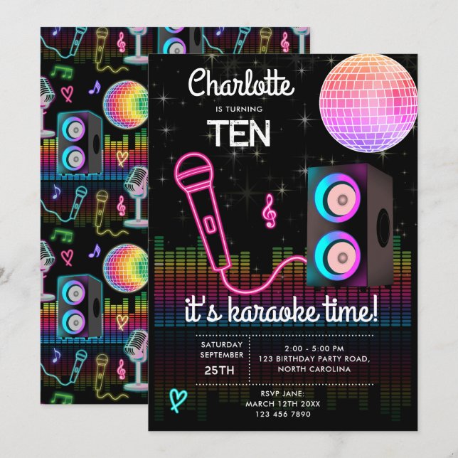 Karaoke Neon Glow Singing Disco Party Birthday Einladung (Vorne/Hinten)