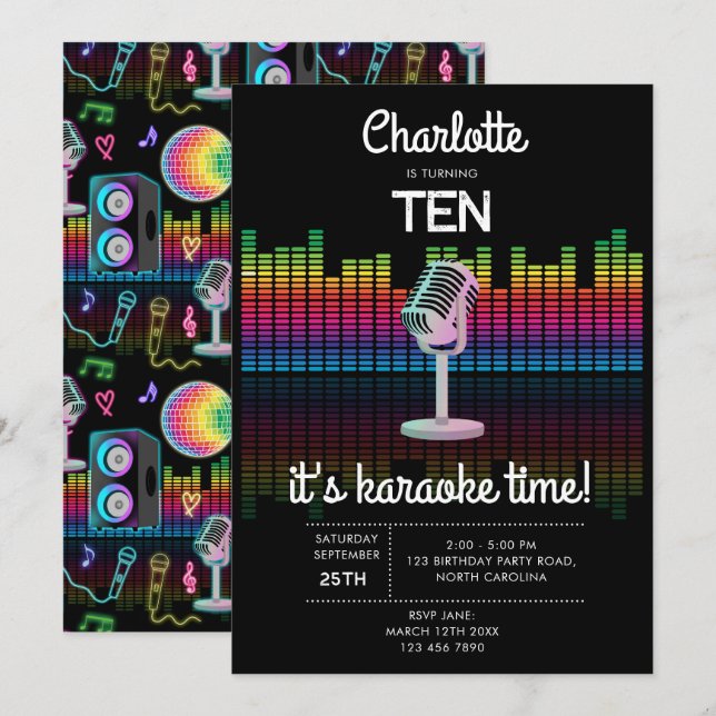 Karaoke Neon Glow Singing Music Party Birthday Einladung (Vorne/Hinten)