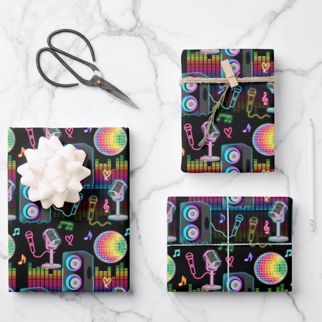 Karaoke Neon Glow Singing Music Party Geschenkpapier Set (Vorderseite)