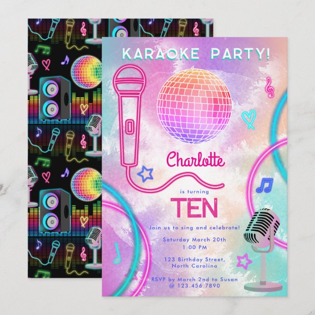 Karaoke Neon Glow  Tie Dye Birthday Party  Einladung (Vorne/Hinten)