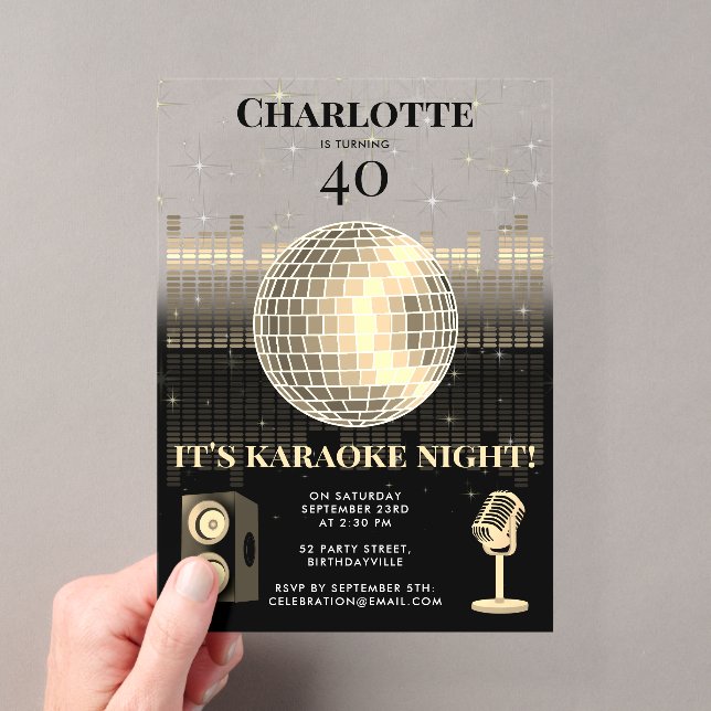Karaoke Night Black Gold 40th Disco Birthday Party Acryleinladungen (Insitu (Handheld))