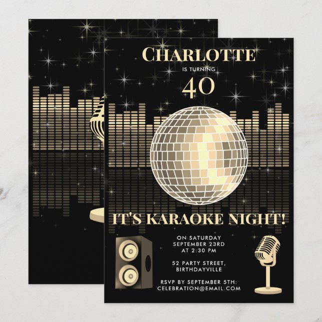 Karaoke Night Black Gold 40th Disco Birthday Party Einladung (Vorne/Hinten)