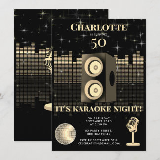 Karaoke Night Black Gold 50th Disco Birthday Party Einladung