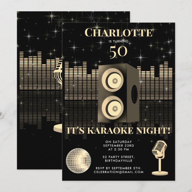 Karaoke Night Black Gold 50th Disco Birthday Party Einladung (Vorne/Hinten)