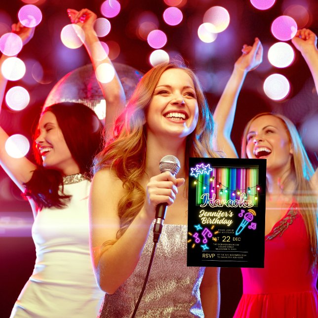 Karaoke Party Birthday Einladung (Neon karaoke birthday party invitation and digital download evite)