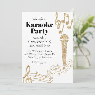 Karaoke-Party Gold Glitter Musiknoten auf Weiß Einladung