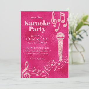 Karaoke-Party Hot Pink Glitter-Musiknoten Einladung