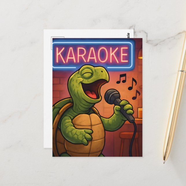 Karaoke Singing Turtle Postkarte (Vorderseite/Rückseite Beispiel)