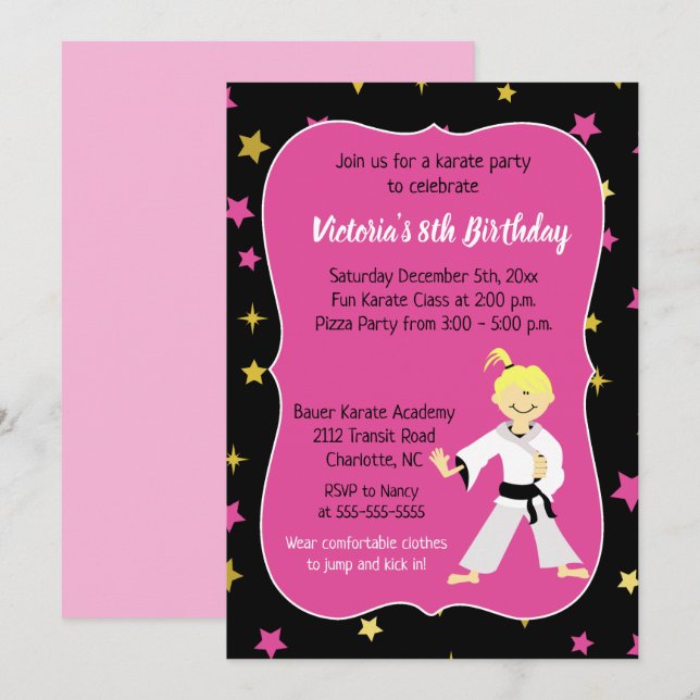 Karate Birthday Einladung Girl Black Belt (Vorne/Hinten)