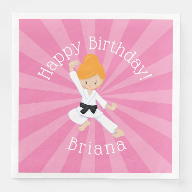 Karate Birthday Party Red Hair Girl Pink Serviette (Vorderseite)