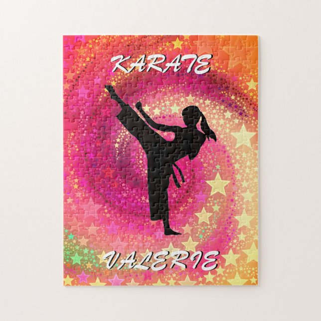 Karate Girl Kick Stars und Wirbel Retro (Vertikal)