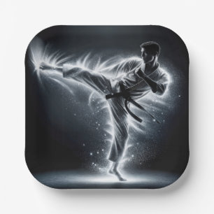 Karate Man mit Neon Energy Light Trails Pappteller
