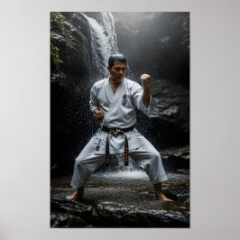 Karate-Meister führt Kata unter Wasserfall aus Poster