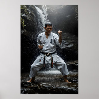 Karate-Meister führt Kata unter Wasserfall aus Poster