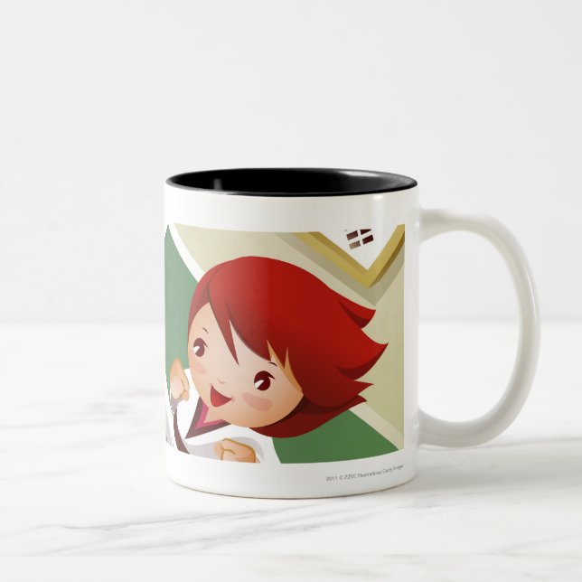 Karatejunge halten hölzern mit anderen, die es zweifarbige tasse (Rechts)