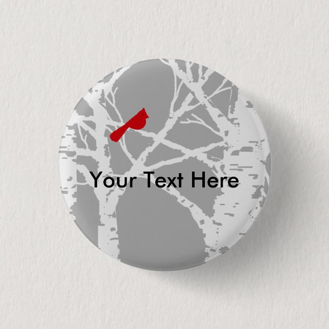 Kardinal auf Birkenbaumniederlassung.  Knopf Button (Vorderseite)