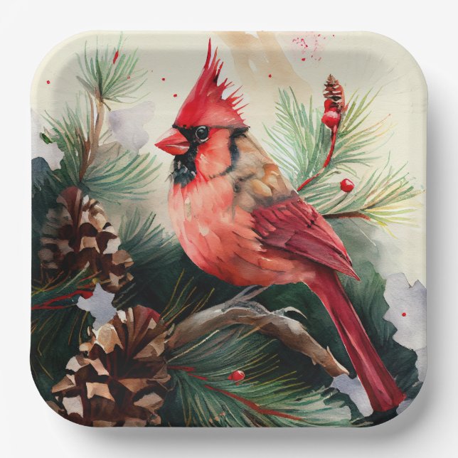 Kardinal auf Evergreen in der Weihnachtswinterszen Pappteller (Vorderseite)