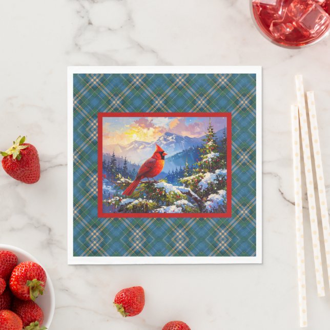 Kardinal auf Grün, Blau, Gold, Weihnachten Kariert Serviette (Beispiel)