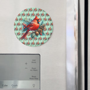Kardinal auf Kiefernzweig mit Winterbeeren Magnet