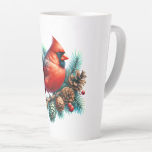 Kardinal auf Kiefernzweig mit Winterbeeren Milchtasse