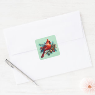 Kardinal auf Kiefernzweig mit Winterbeeren Quadratischer Aufkleber