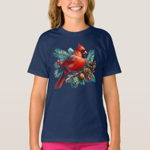 Kardinal auf Kiefernzweig mit Winterbeeren T-Shirt