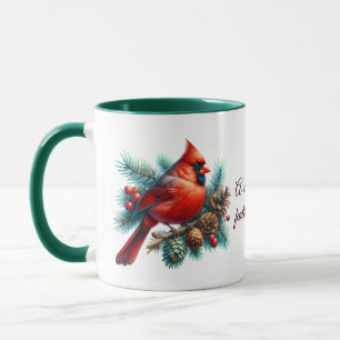 Kardinal auf Kiefernzweig mit Winterbeeren Tasse
