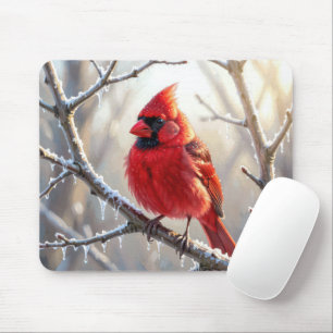 Kardinal auf Winterzweig mit Eiszapfen Mousepad