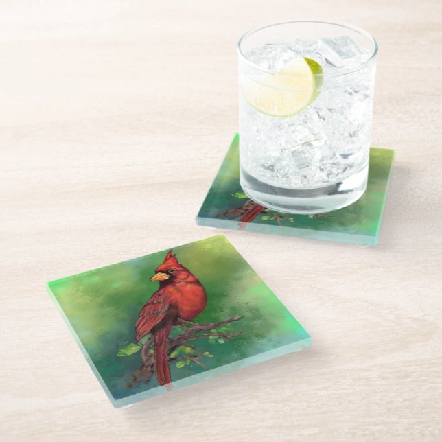 Kardinal Bird Glass Untersetzer Painting (Schrägansicht)