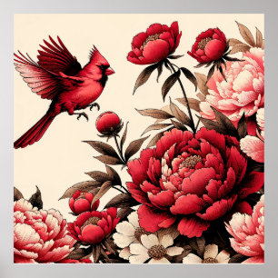 Kardinal Bird Peonies Peony Blume Poster