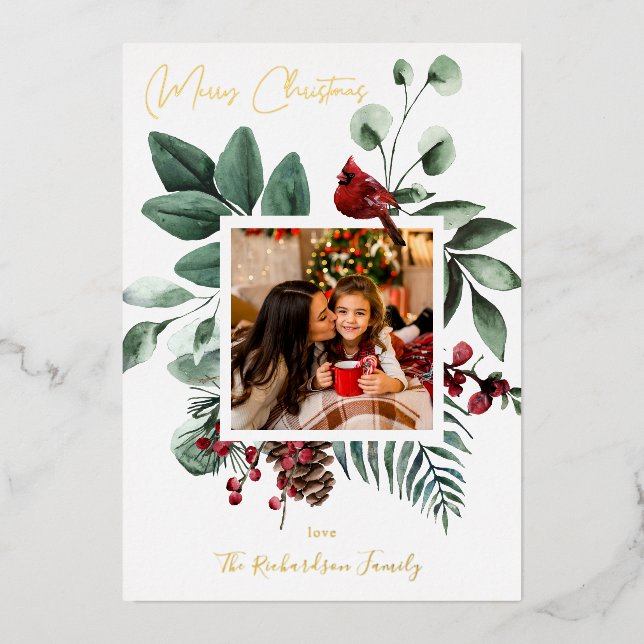 Kardinal Bird & Pine Frohe Weihnachts-Foto Folieneinladung (Vorderseite)